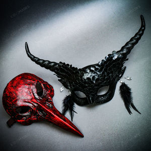 Red Bird Nose Raven Black Devil Long Horns Halloween Spikes Costume Couple Mask